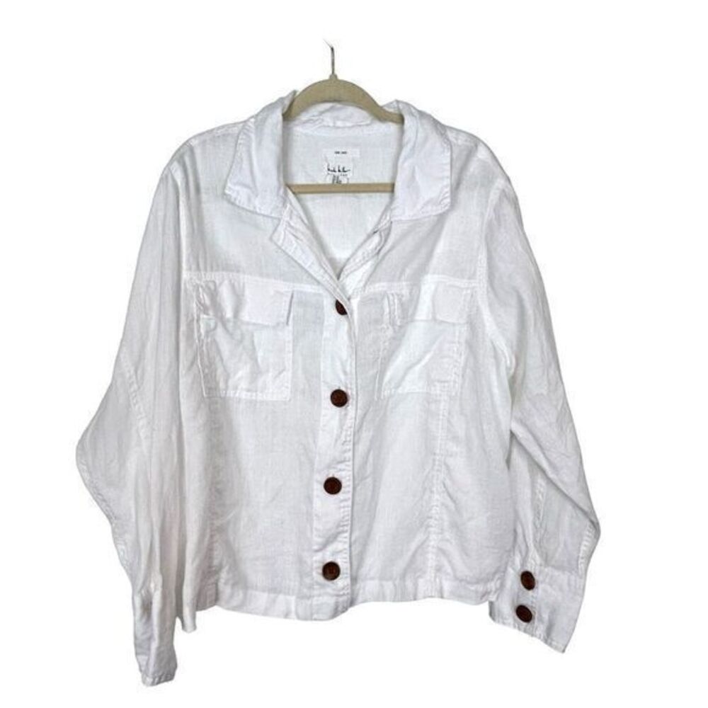 Nicole Miller 100% Linen Jacket Button Down Womens 2X White Solid Lightweight
